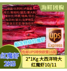 (空运发货包邮UPS欧盟16国） 2KG！10/11 船冻特级大西洋特大红魔虾 seafood